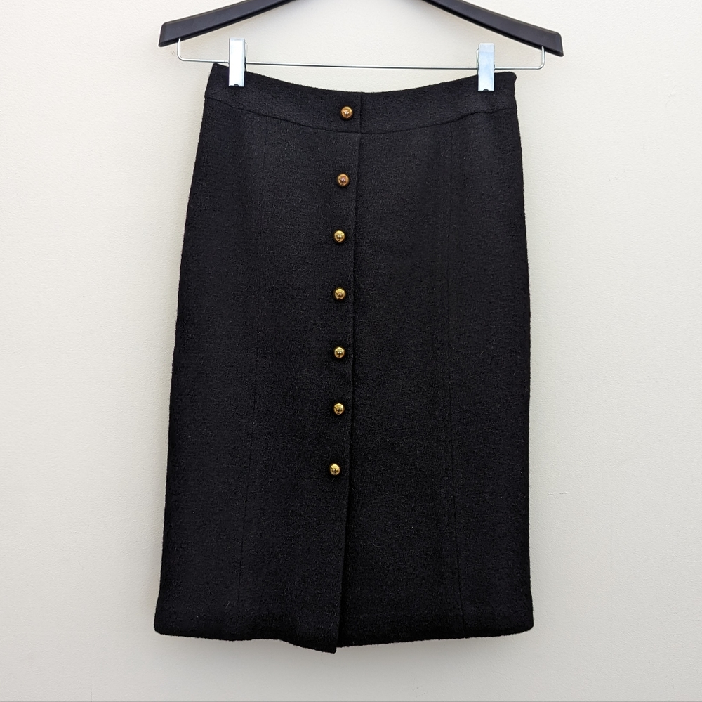 Milly Button-Front Black Wool Crepe Skirt, Size 2